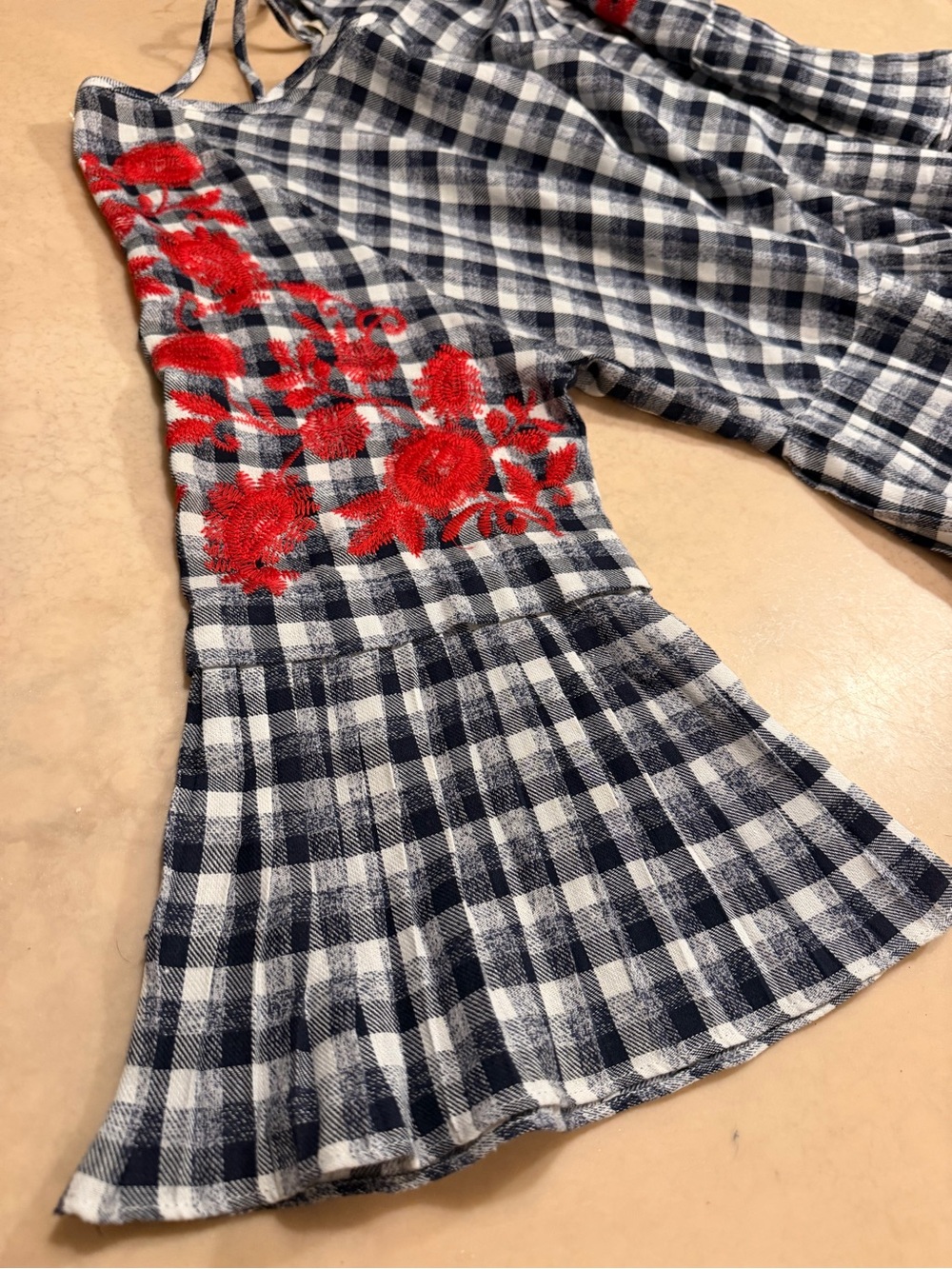 entro Black-and-White Plaid Peplum Top with Red Floral Shoulders - Picture 7 of 10